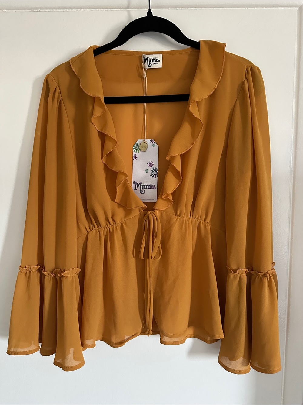 NWT Show Me Your MuMu Mustard Ruffle Tie-Front Blouse Size S